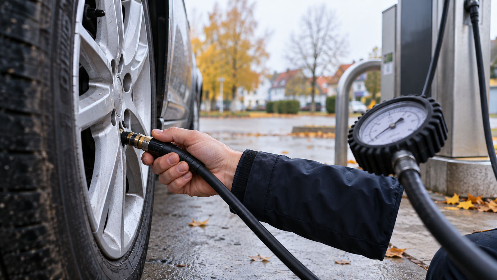 Kerék szelepéhez csatlakoztatott levegőtömlő egy benzinkúton