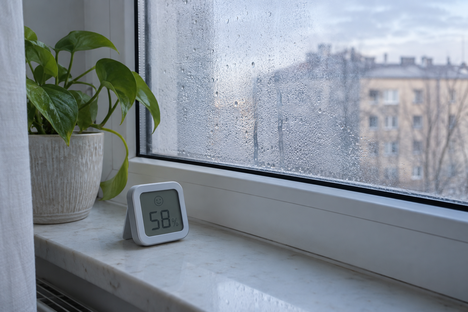 Digitális páramérő egy enyhén párás ablak mellett