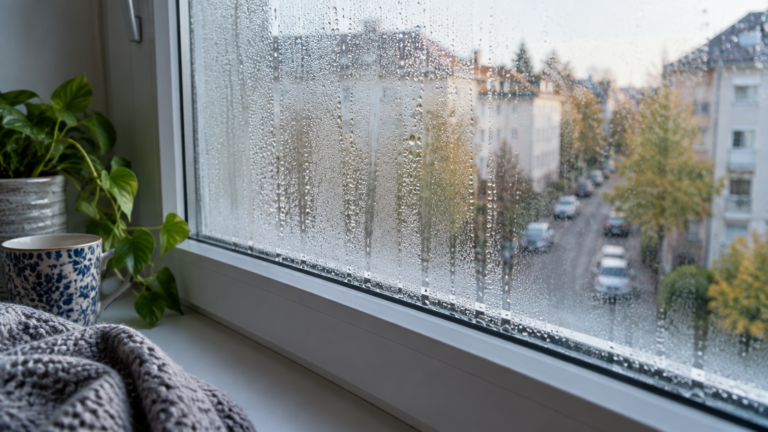 Vízcseppek egy lakás ablakának belső felületén egy őszi reggelen