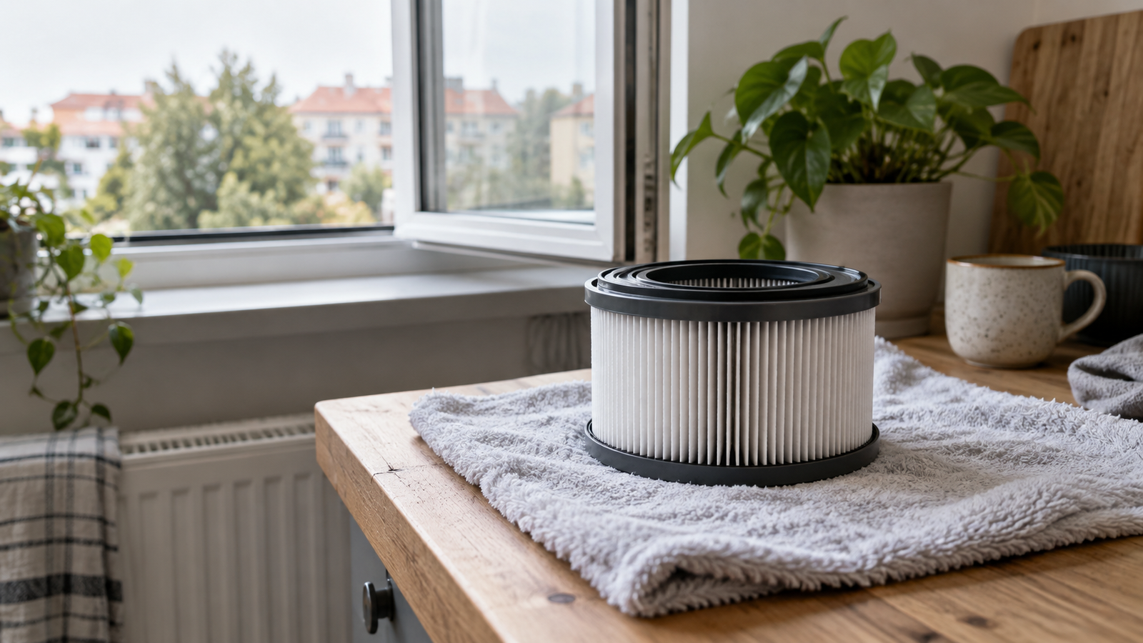 Kimosott porszívószűrő szárad egy tiszta törölközőn