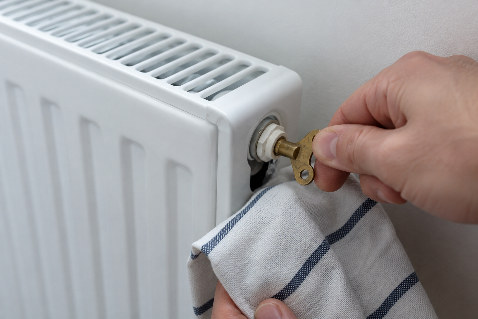 Légtelenítő kulcs fordul a radiátor szelepében egy védőrongy fölött