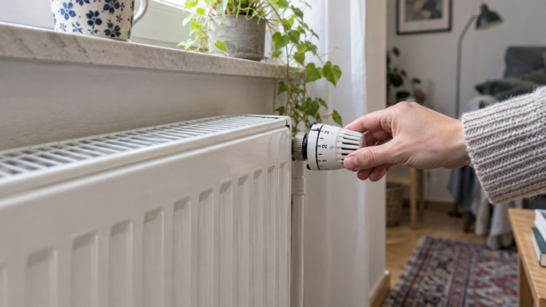 Kéz egy fehér radiátor termosztatikus szelepét állítja