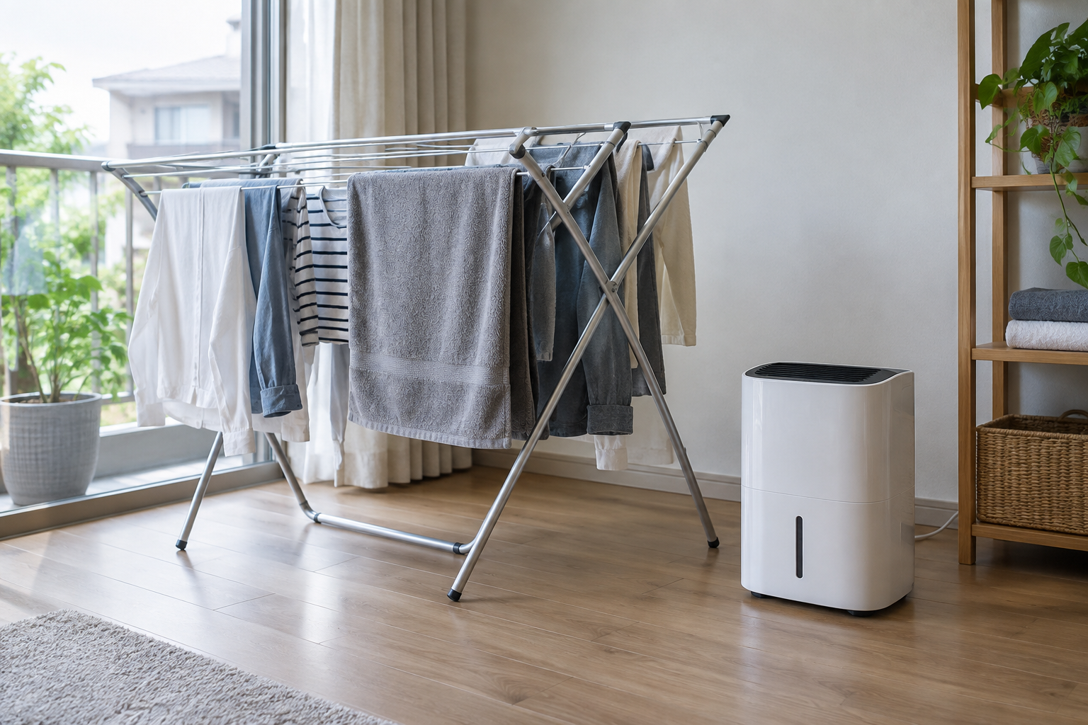 Kompakt páramentesítő működik egy beltéri ruhaszárító mellett