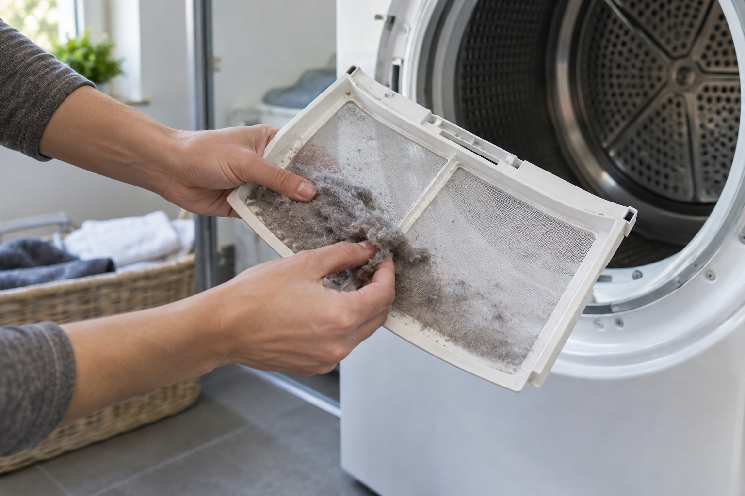 Kéz megtisztítja a szárítógép kivett szöszszűrőjét