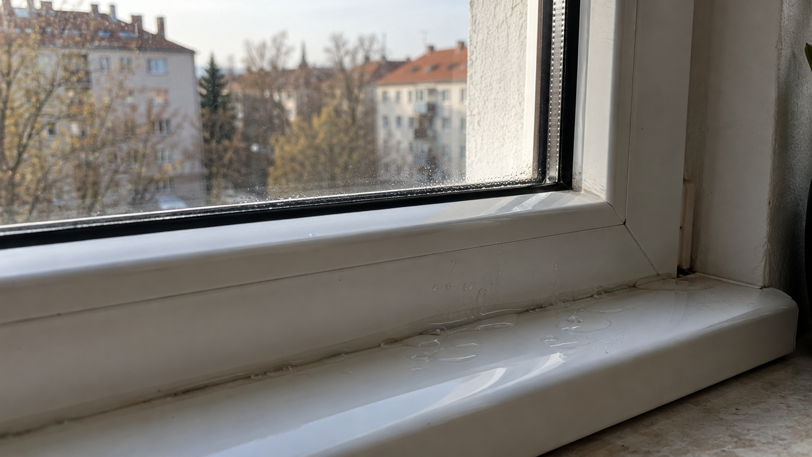 Kevés esővíz áll egy nyitott műanyag ablak alsó sínjében