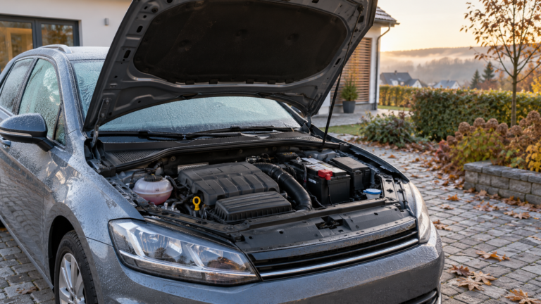 Nyitott motorháztetőjű autó egy hideg őszi reggelen