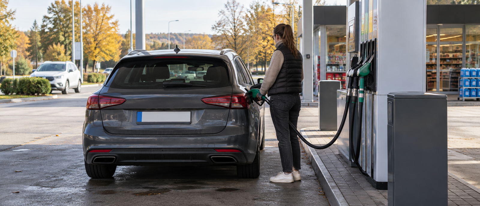 Autó tankolása egy magyarországi benzinkúton őszi nappali fényben