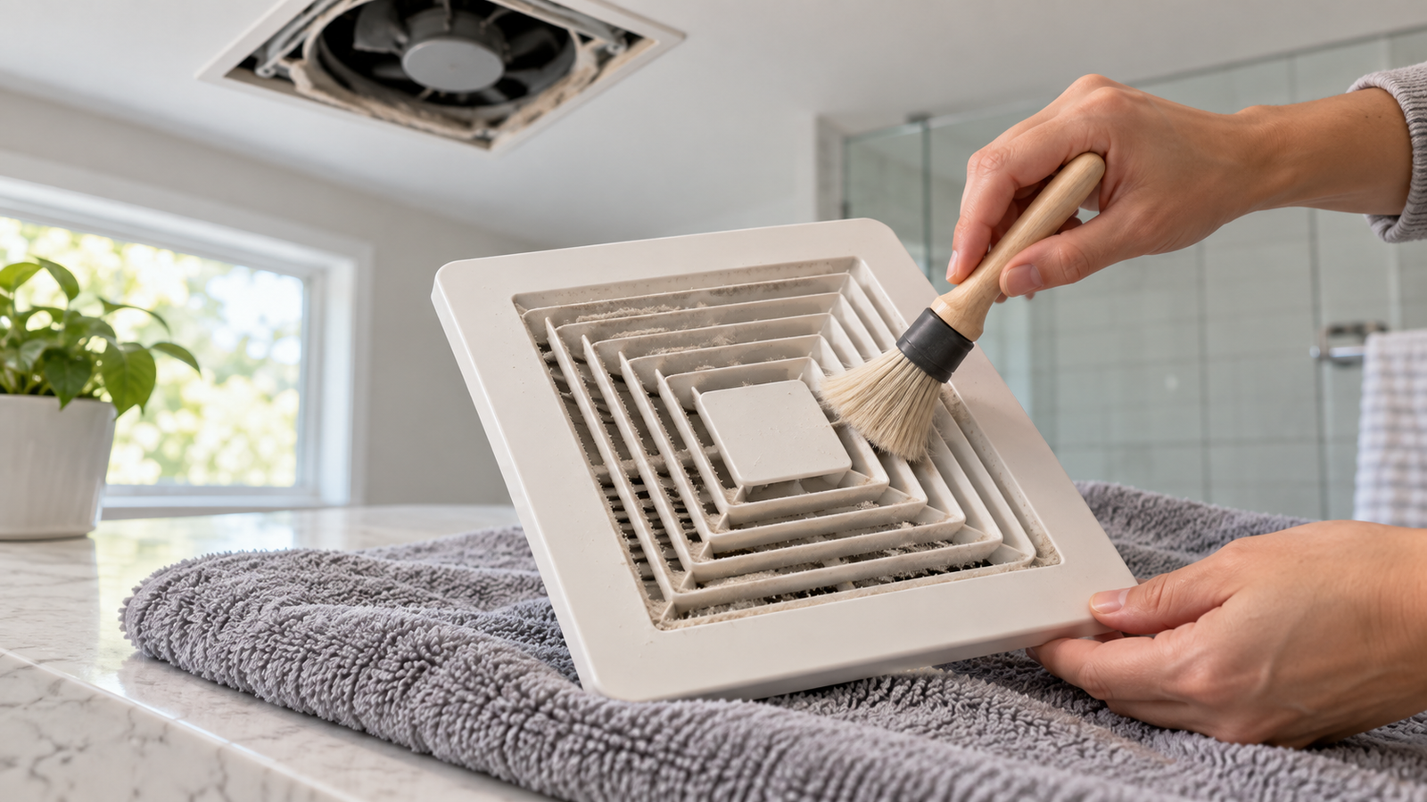Leszerelt fürdőszobai ventilátorrács tisztítása puha kefével