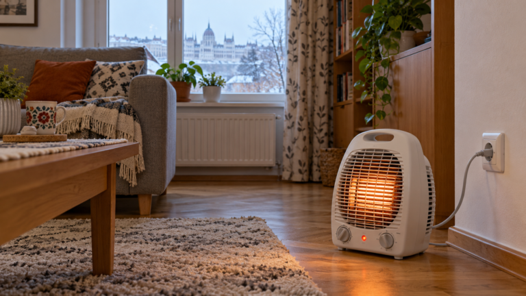 Kisméretű elektromos hősugárzó egy nappaliban