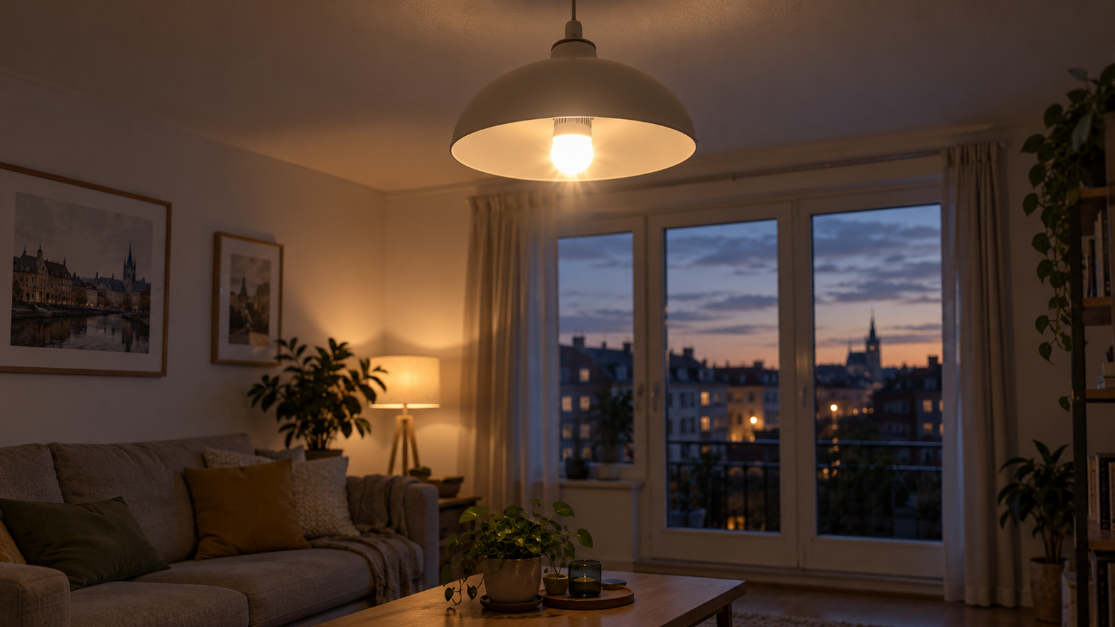 Világító LED izzó egy esti nappaliban