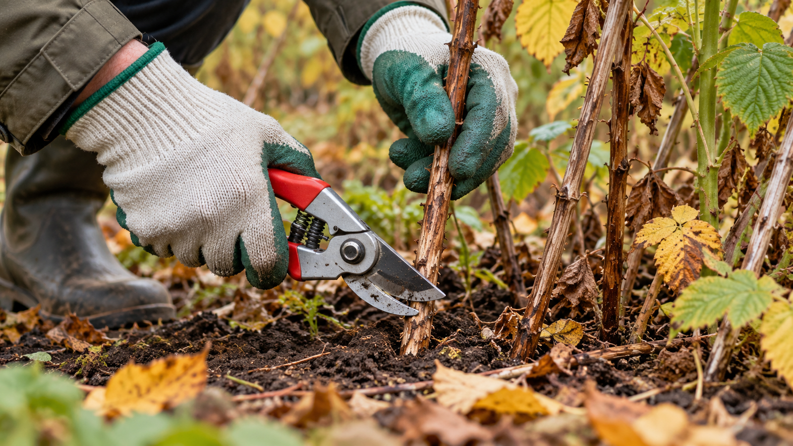 Elöregedett málnavessző visszavágása metszőollóval