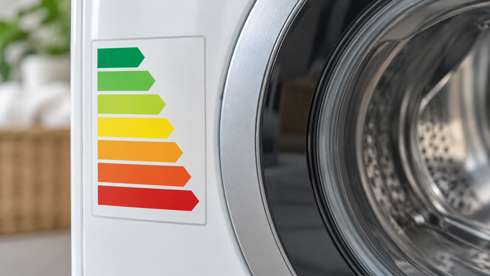 Számológép és jegyzet a mosógép energiacímkéje mellett
