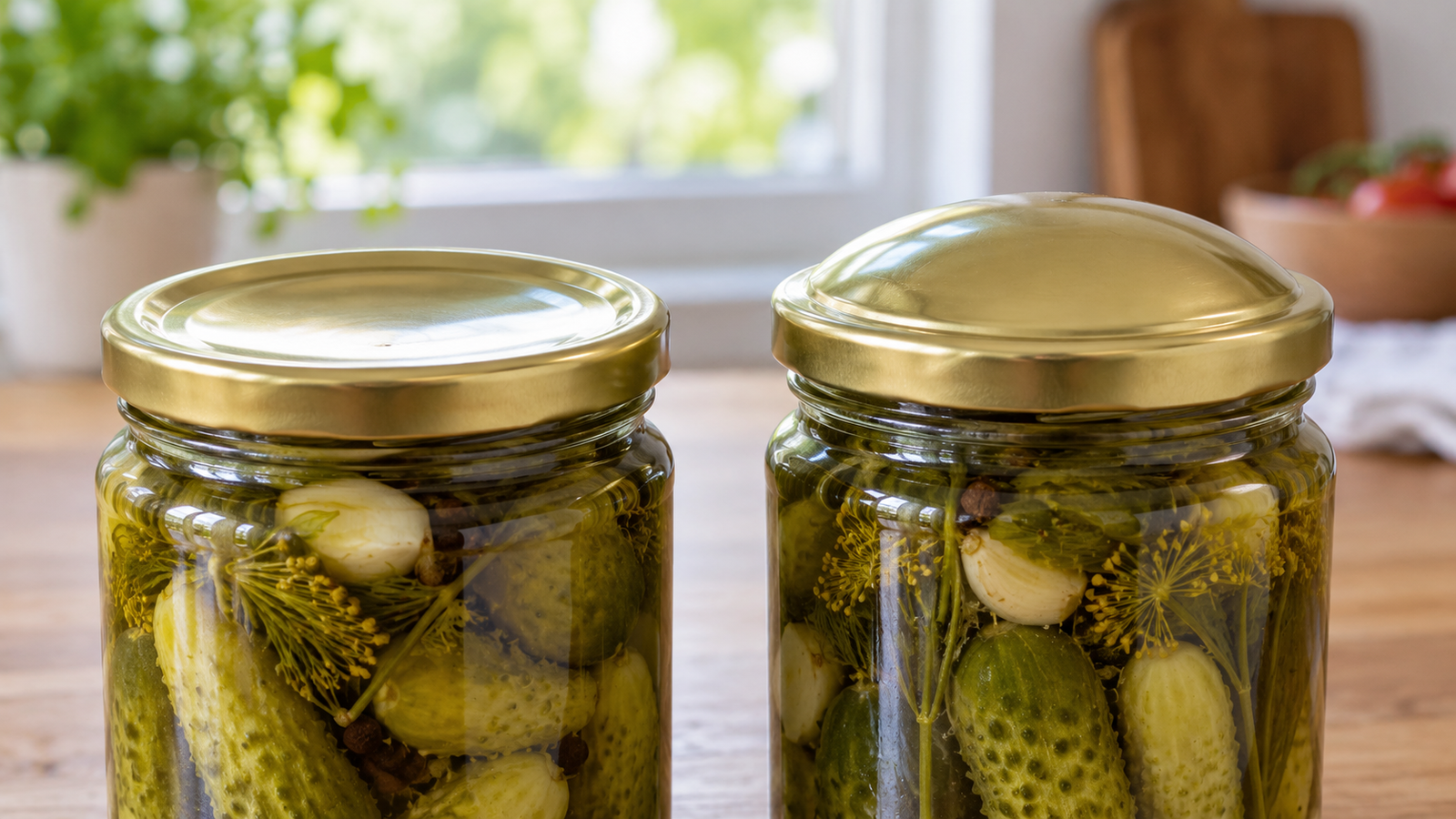 Homorú és kidomborodó befőttesüveg-fedél egymás mellett