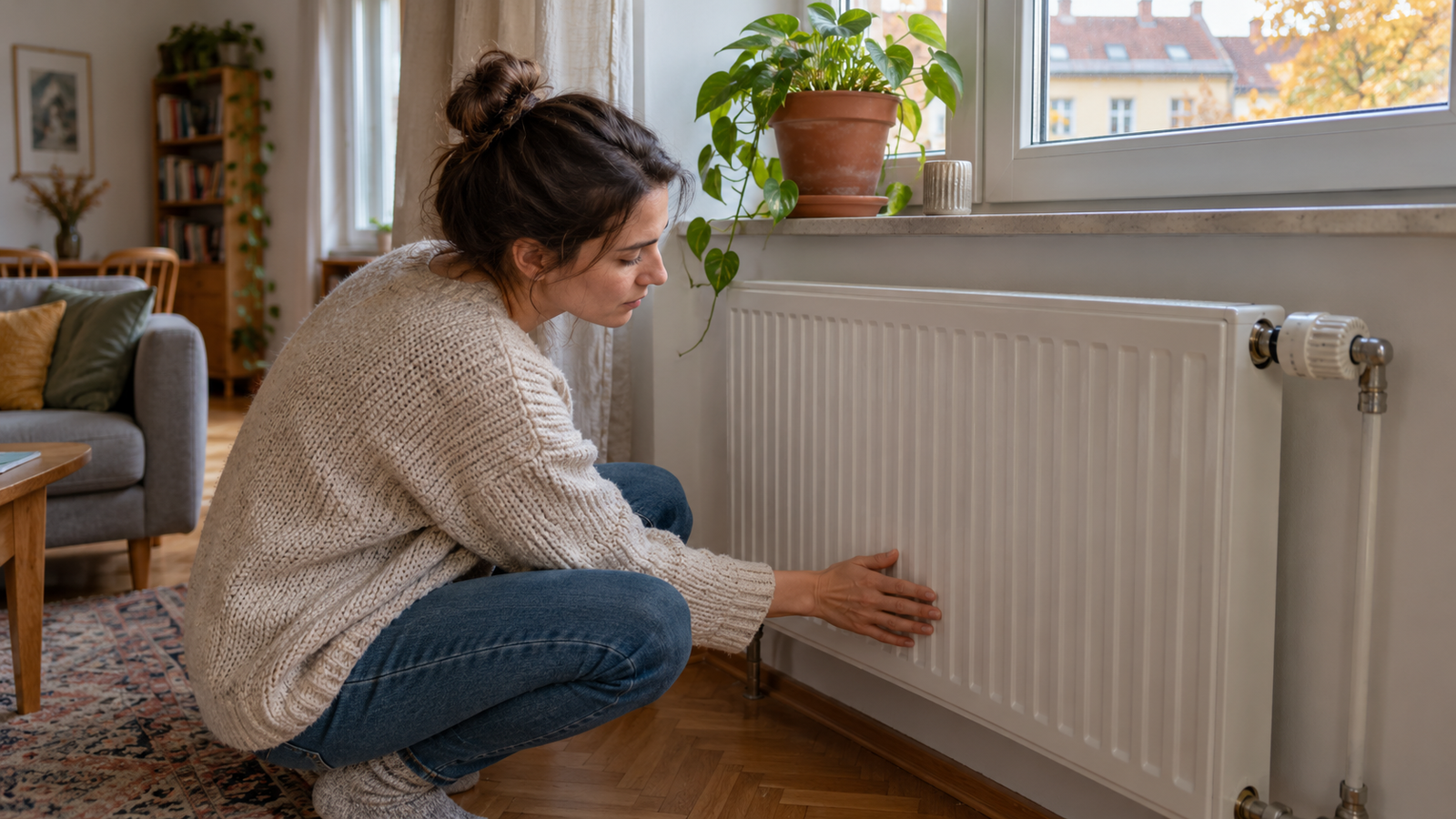 Kézzel ellenőrzött fehér radiátor egy nappaliban