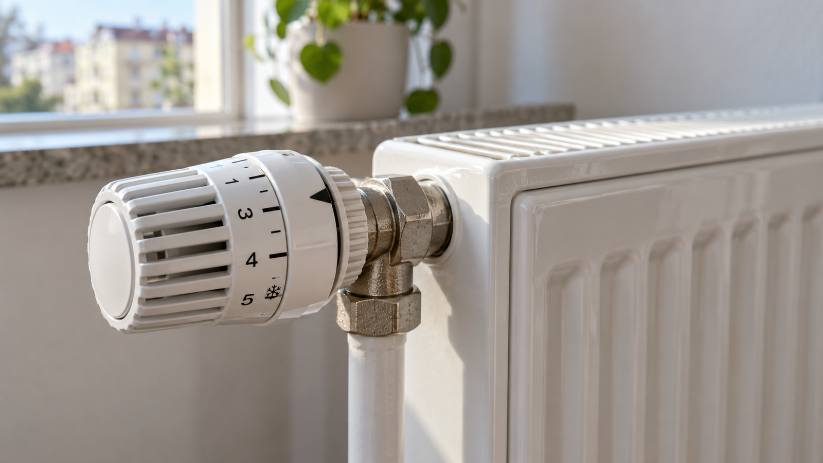 Termosztatikus radiátorszelep számozott tekerőgombja közelről