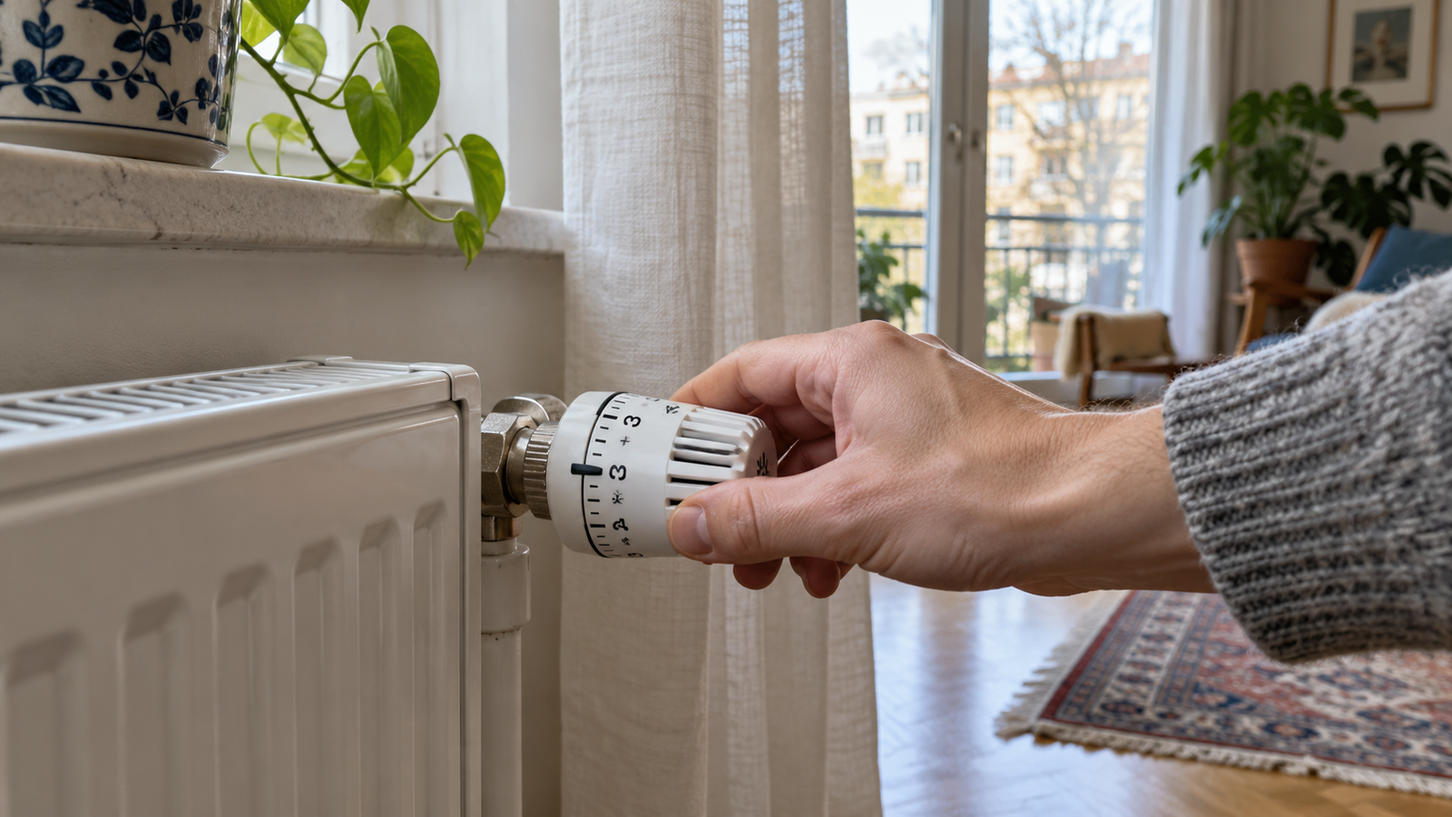 Szabadon hagyott radiátorszelep egy nappaliban, függönytől távol