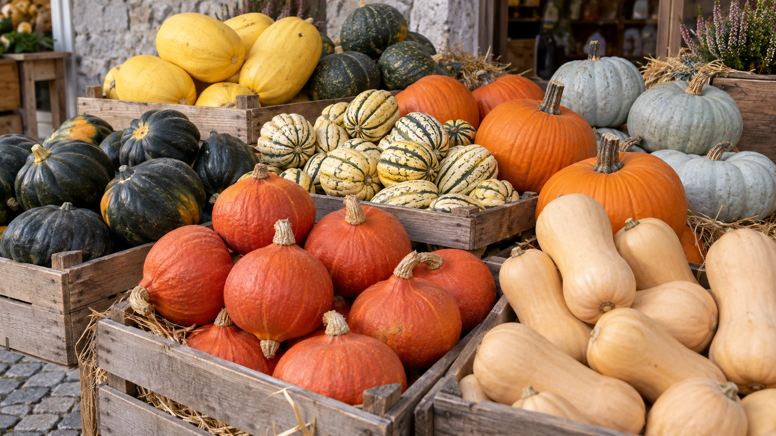 Különböző ép sütőtökök és téli tökök egy piaci standon