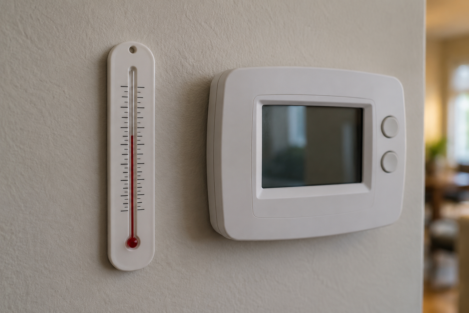 Szobahőmérő és termosztát egymás mellett a falon