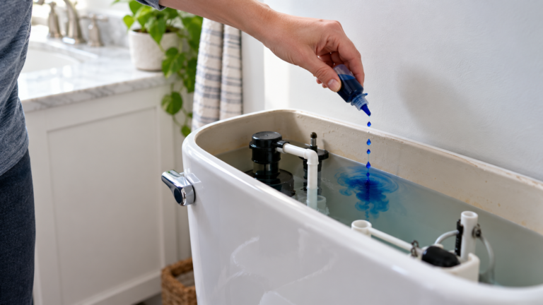 Nyitott WC-tartályt ellenőrző kéz egy fürdőszobában