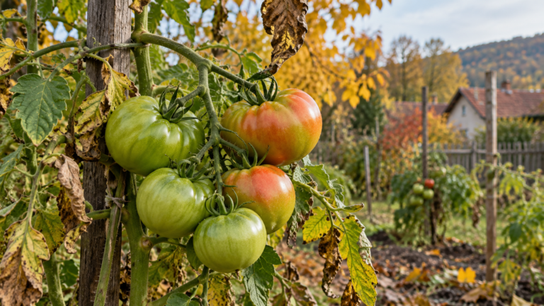Zöld és érésnek indult paradicsomok egy őszi kertben